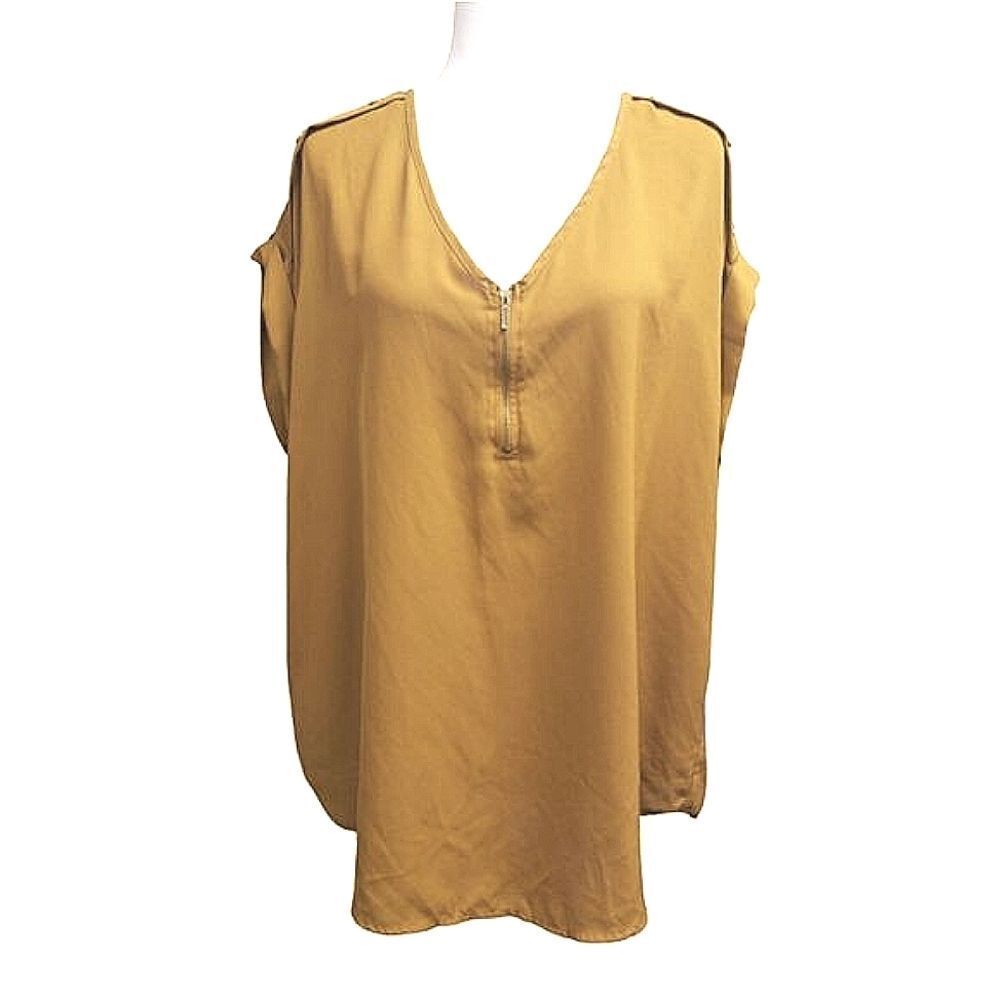 Speed Limit MPH Blouse Cuffef Cap Sleeves V-Neck 1/4 Zipper Dark Gold/Brown 2X - Picture 7 of 7